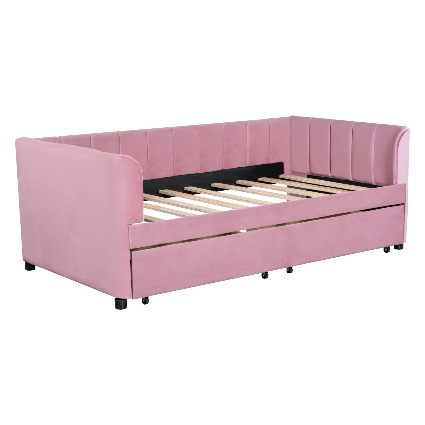 Twin Size Upholstered Daybed with Ergonomic Design Backrest and 2 Drawers, Pink