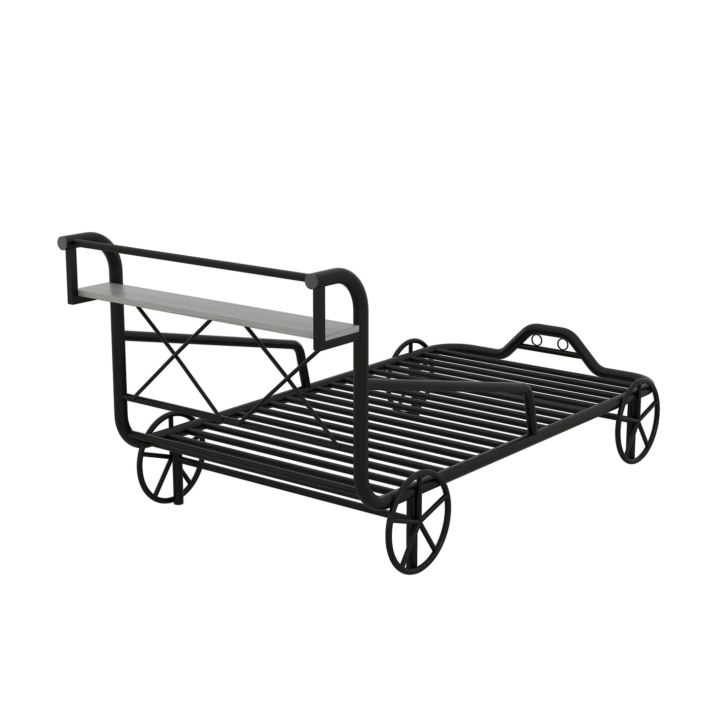 Twin Size Metal Car Bed with Four Wheels, Guardrails and  X-Shaped Frame Shelf, Black(: MF297599AAB)