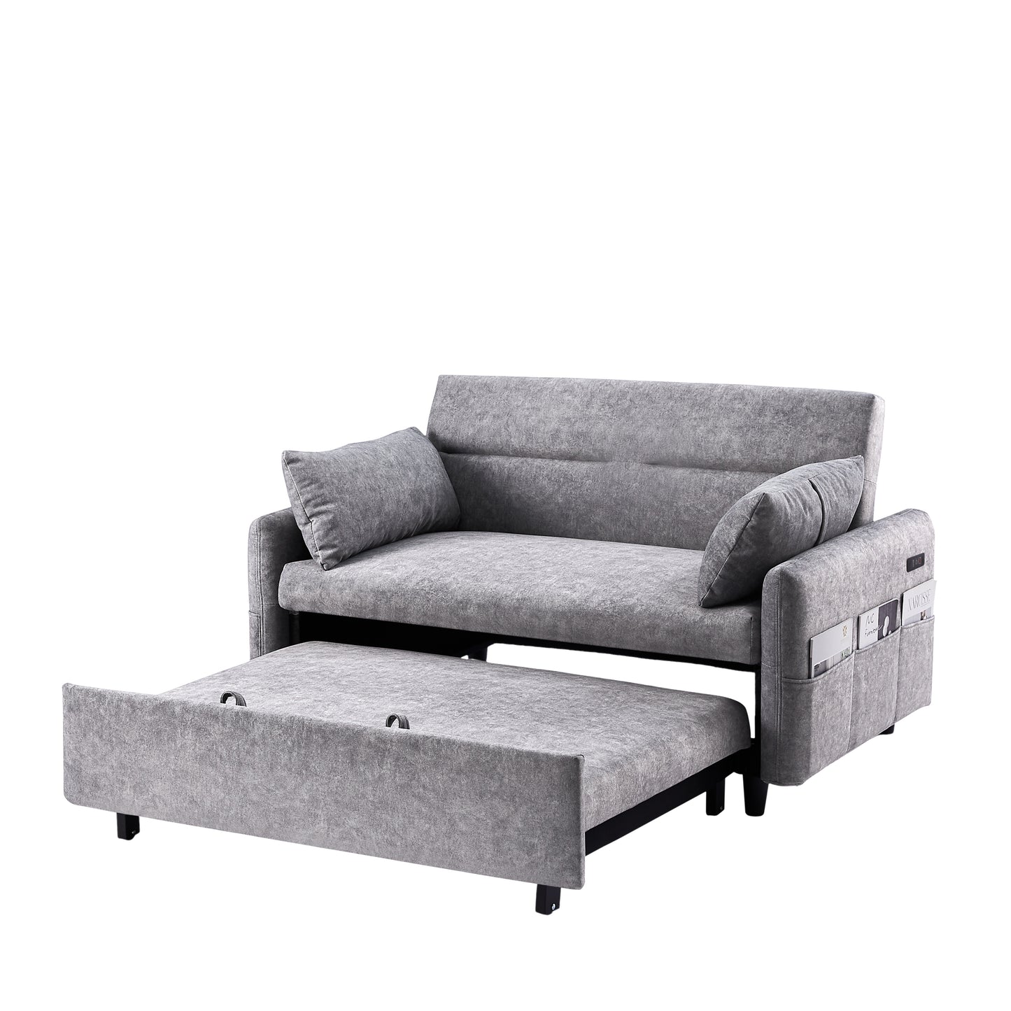 Adjustable Grey Loveseat Sofa Bed with USB Ports and Storage Pockets