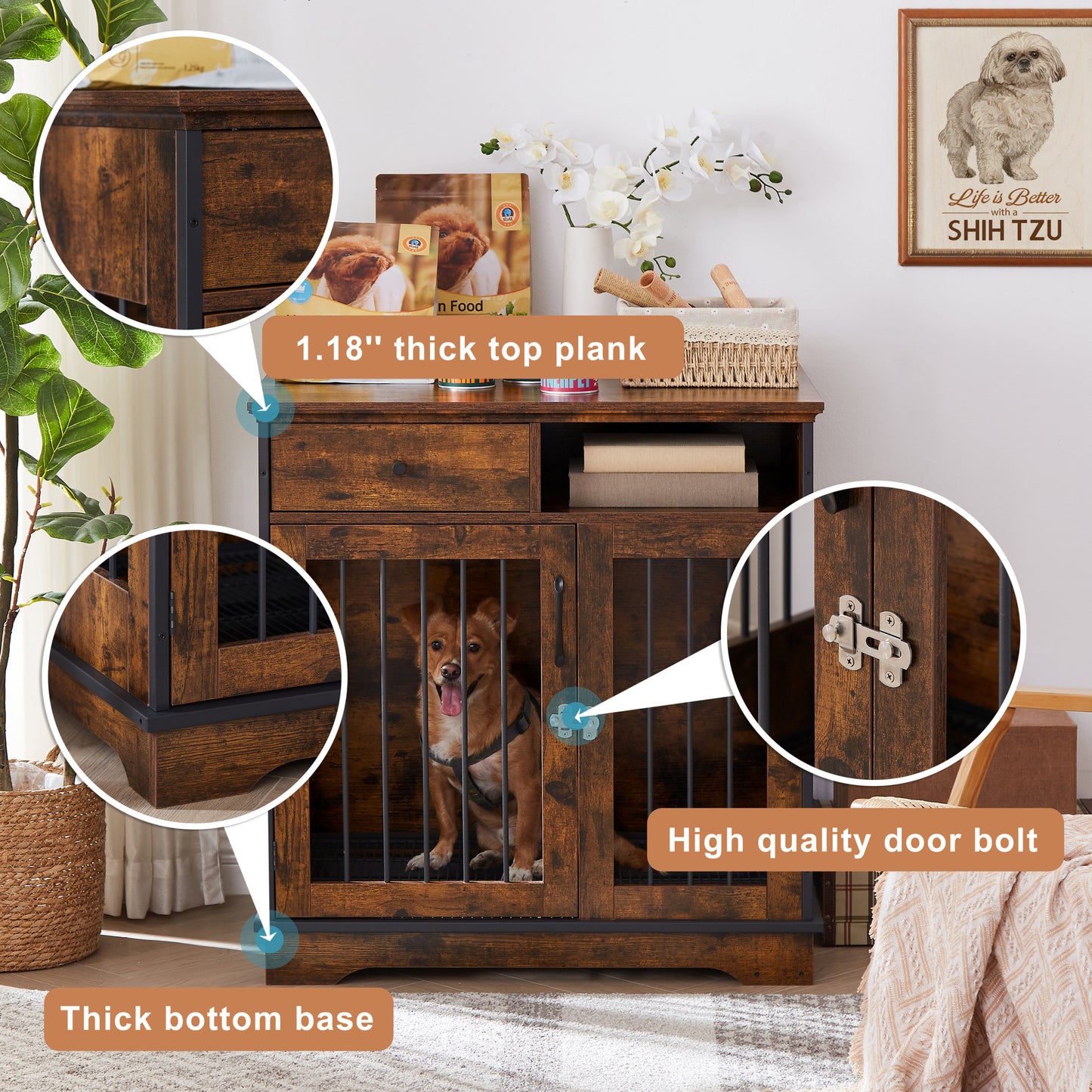 Furniture Dog crate, indoor pet crate end tables, decorative wooden kennels with removable trays. Rustic Brown, 32.3'' W x 22.8'' D x 33.5'' H.