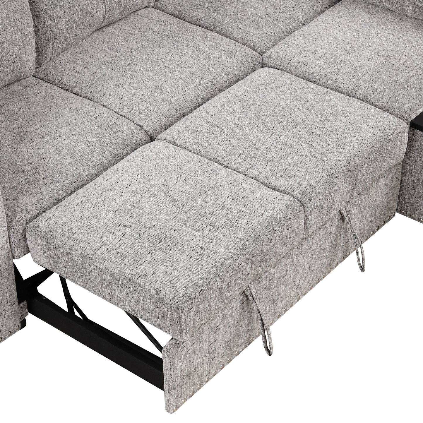 Convertible L-Shaped Sectional Sleeper Sofa with Storage Chaise and Charging Ports in Light Gray