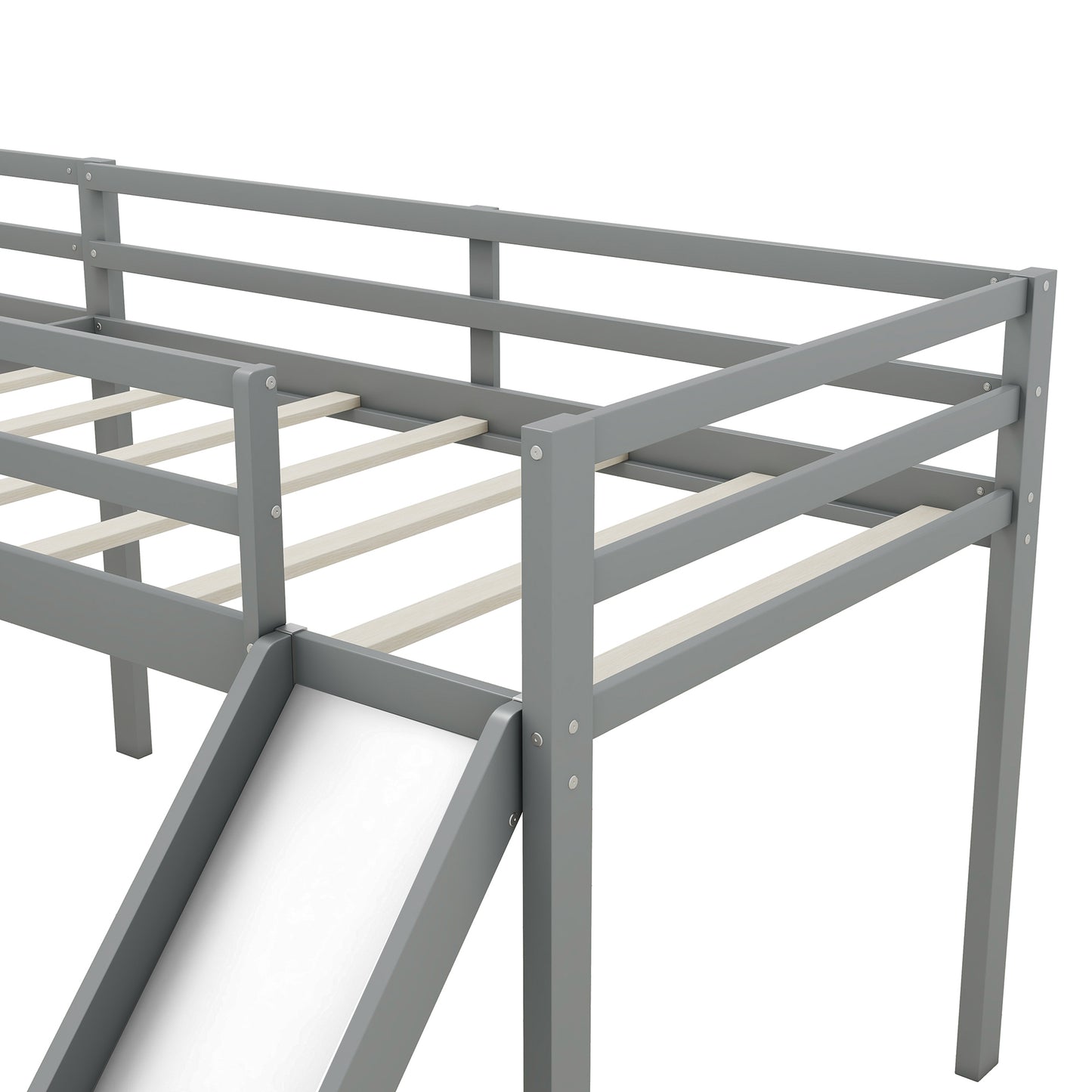 L-Shaped Twin Size Loft Bed with Ladder and Slide, Gray