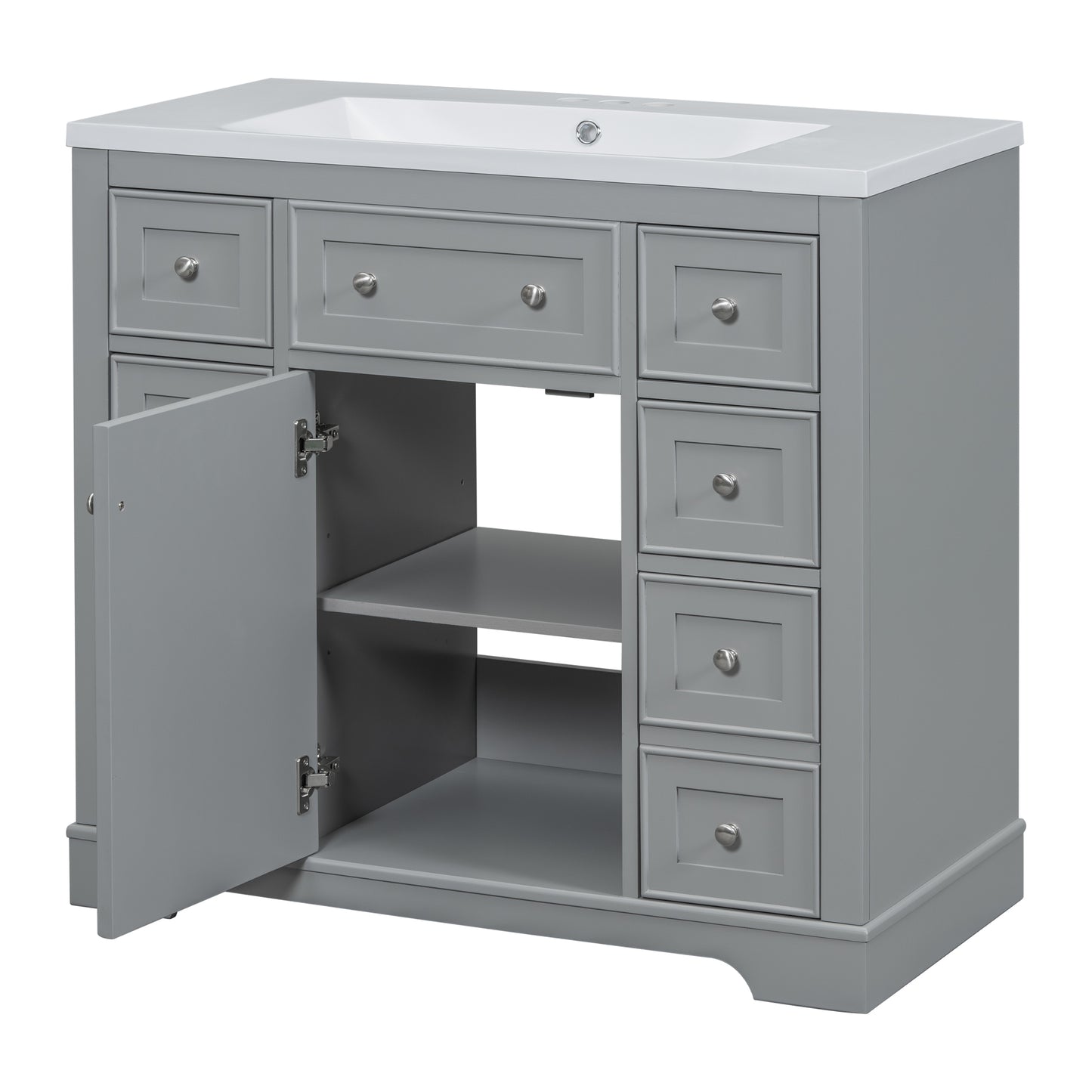 36" Bathroom Vanity with Sink Combo, One Cabinet and Six Drawers, Solid Wood and MDF Board, Grey