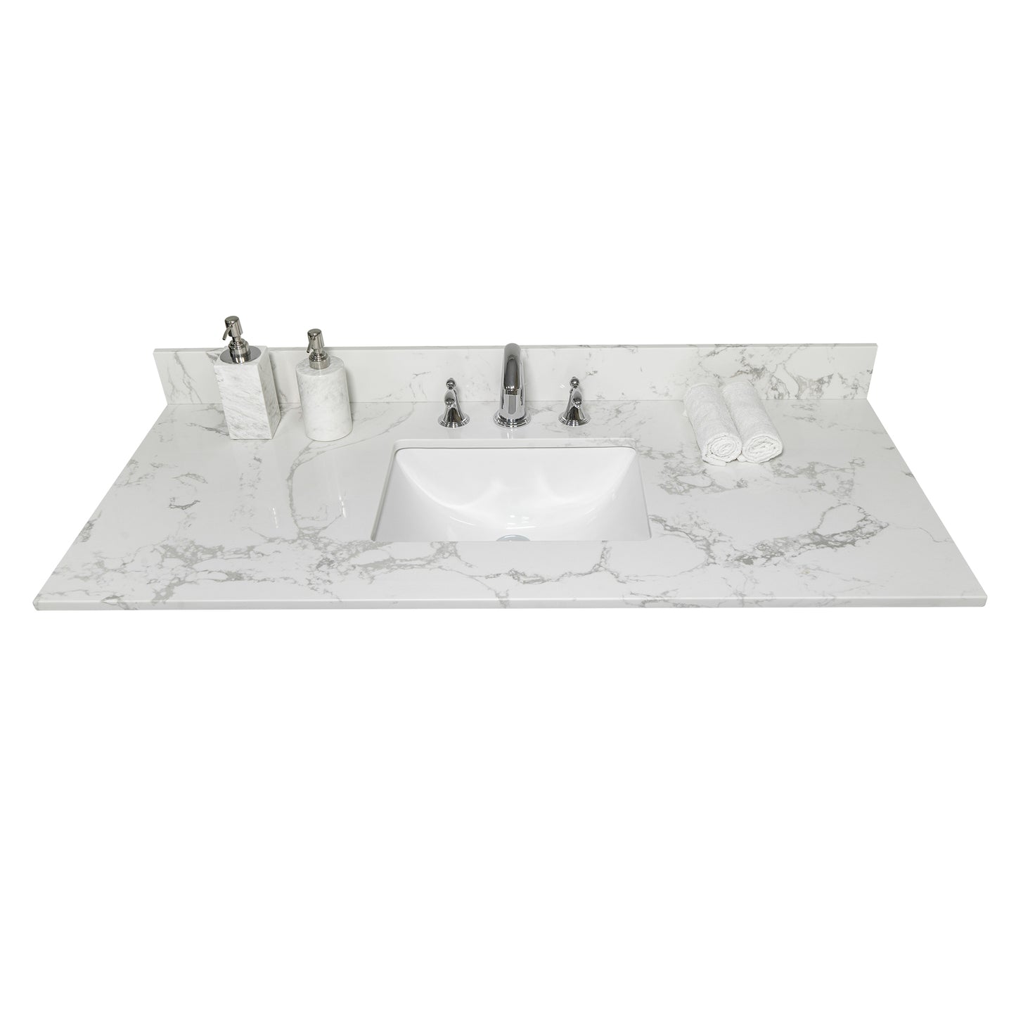 Montary 43x22 bathroom stone vanity top  engineered stone carrara white marble color with rectangle undermount ceramic sink and  3 faucet hole with back splash .