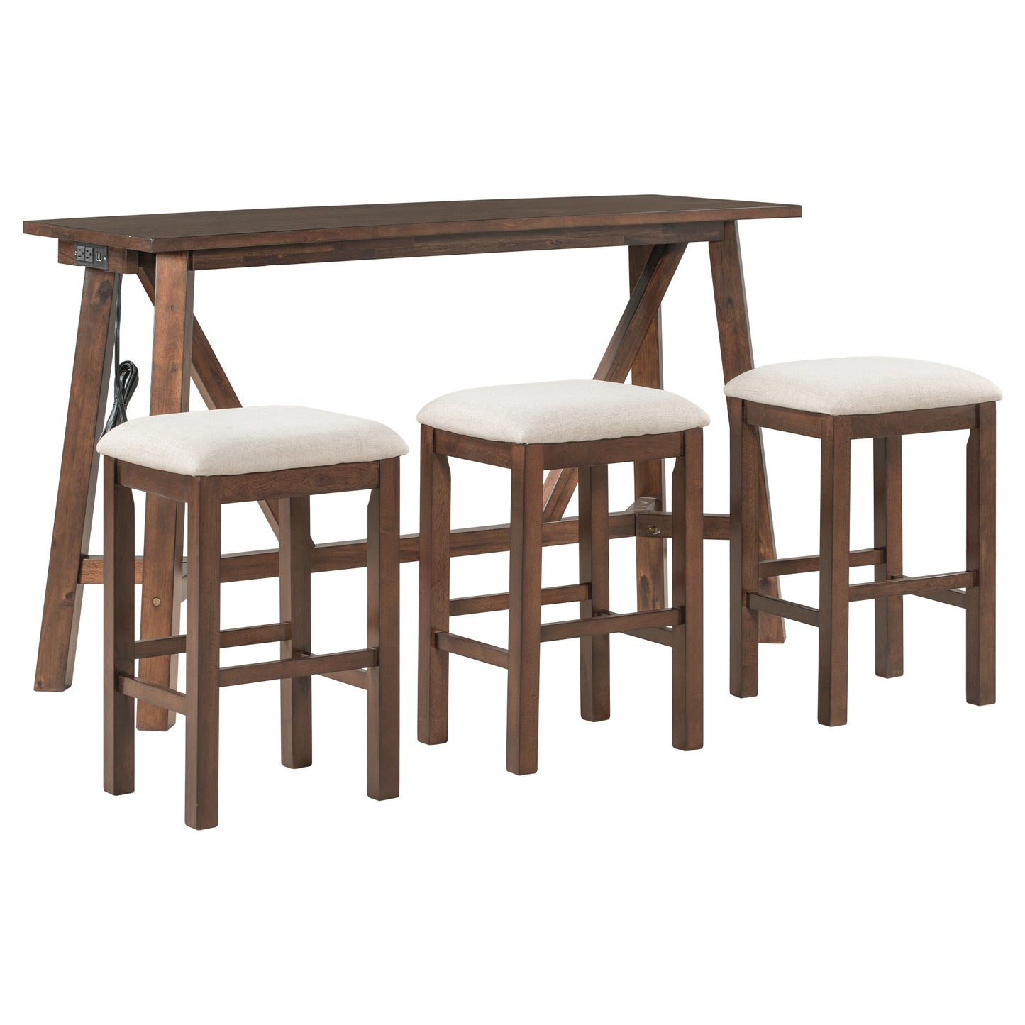 TREXM Multipurpose Home Kitchen Dining Bar Table Set with 3 Upholstered Stools(Dark Walnut)