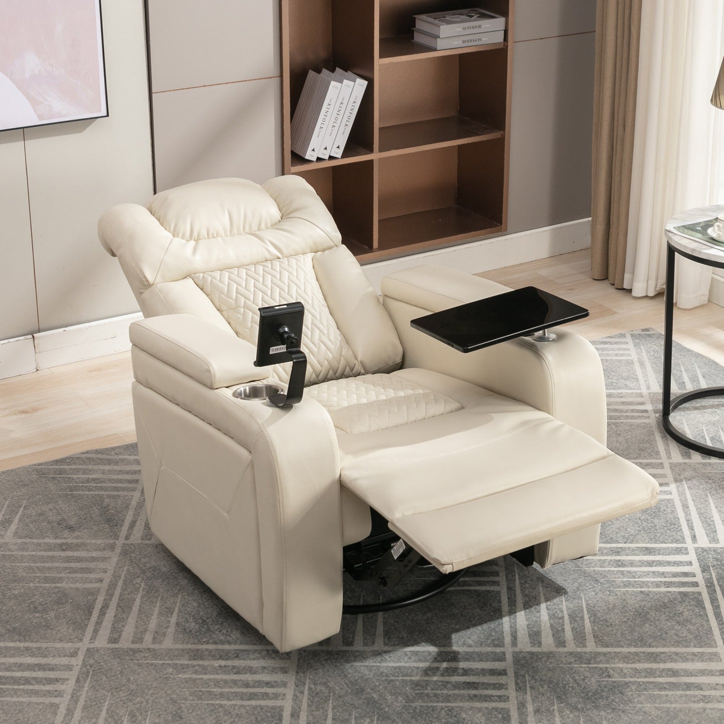 Power Recliner with Swivel, Cup Holder, USB Port, and Tray Table, White