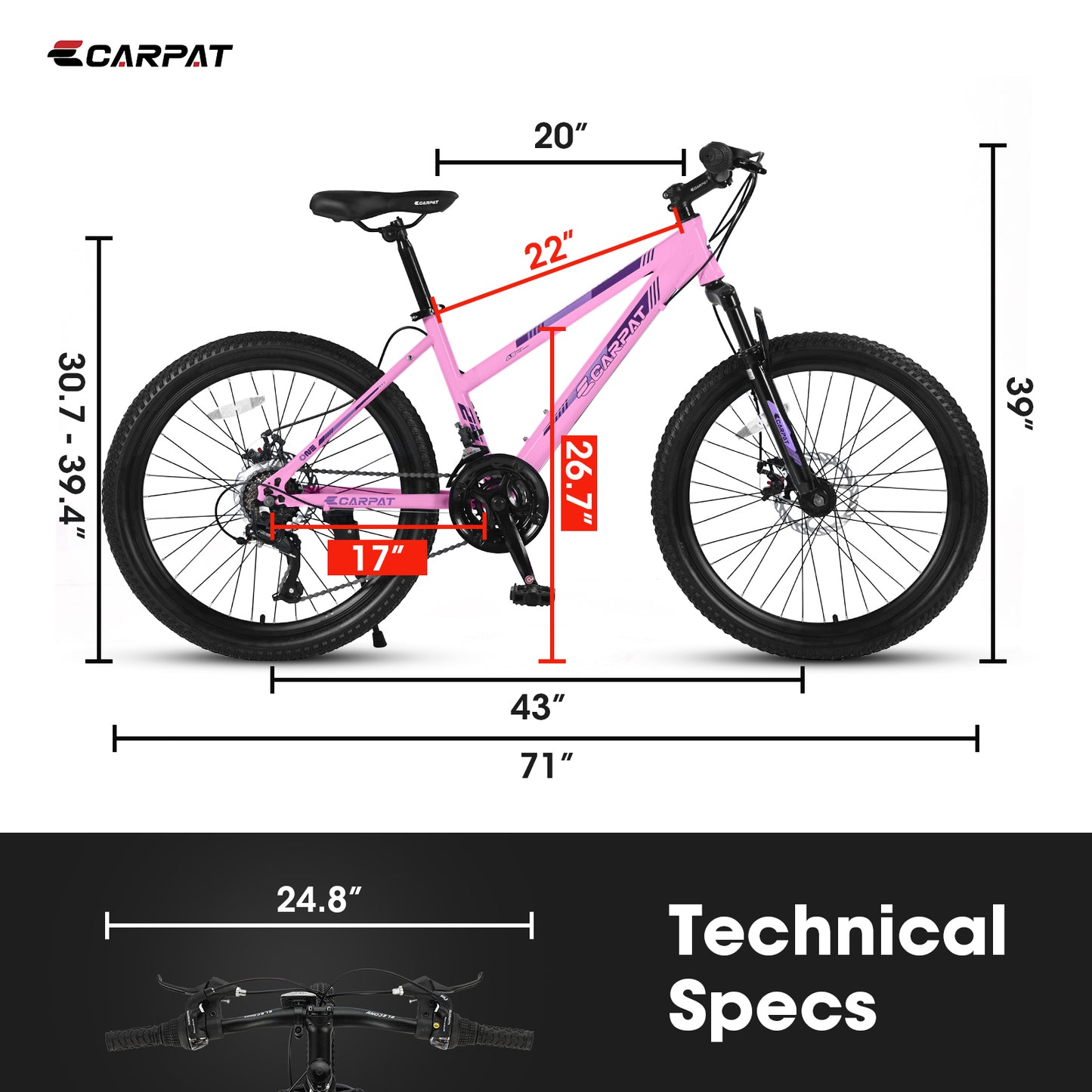 S26103  26 inch Mountain Bike for Teenagers Girls Women, Shimano 21 Speeds with Dual Disc Brakes and 100mm Front Suspension, White/Pink