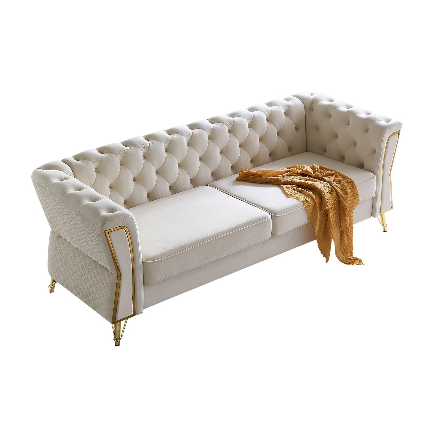 Modern Tufted Velvet Sofa 87.4 inch for Living Room Beige Color