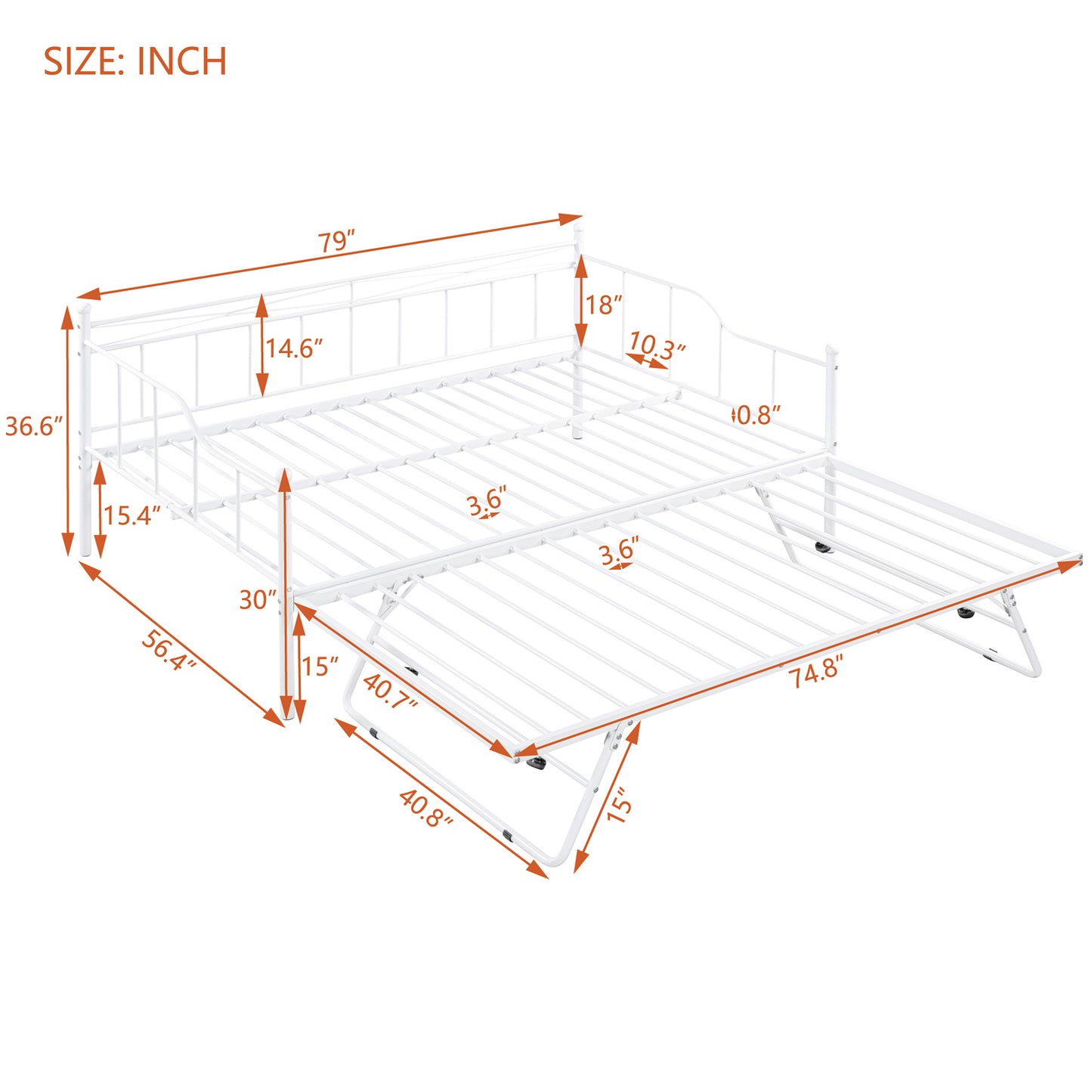 Full Size Metal Daybed with Twin Size Adjustable Trundle, Portable Folding Trundle, White