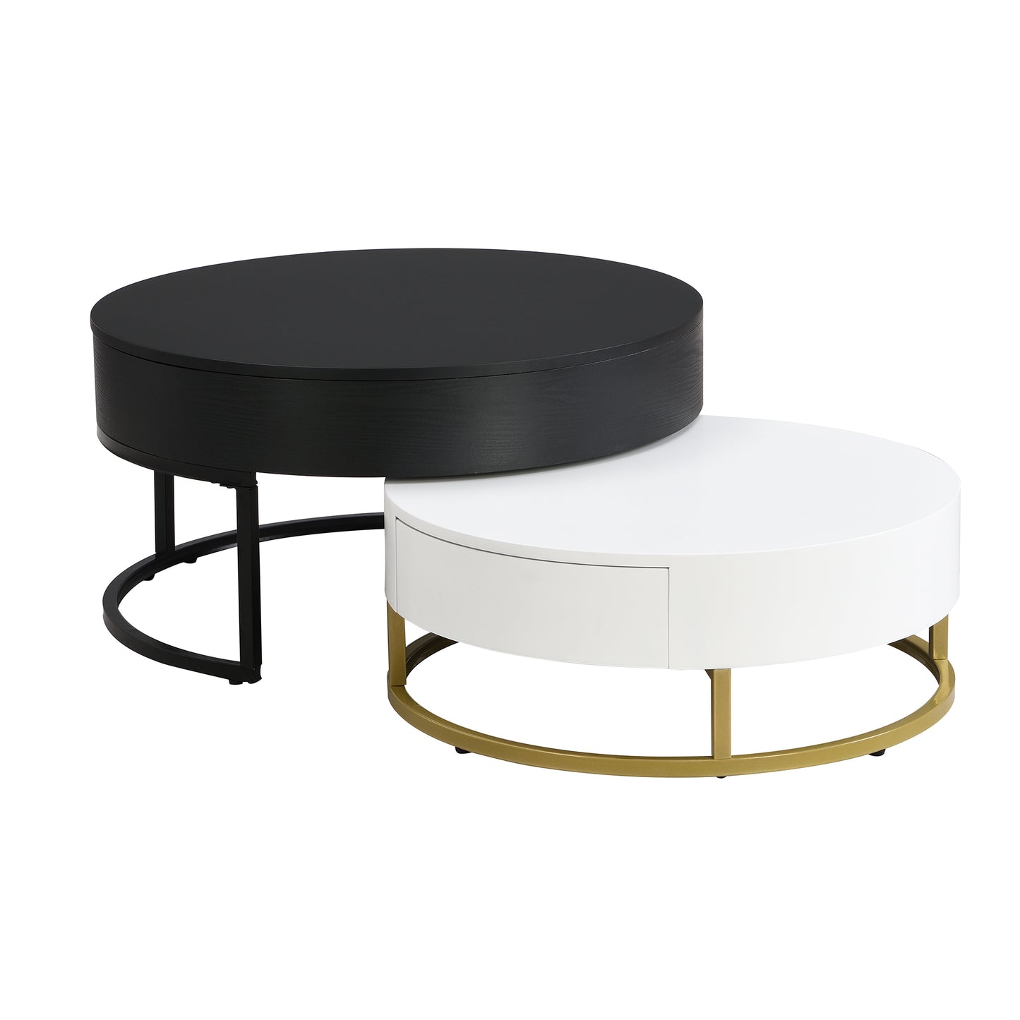 Contemporary 2-Drawer Lift-Top Round Coffee Tables in White & Black