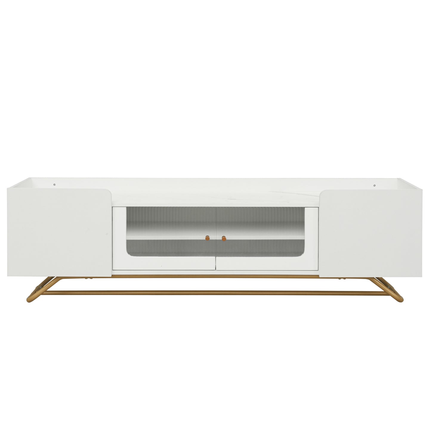 Contemporary White TV Stand with Fluted Glass Doors, Faux Marble Top, and Gold Metal Accents