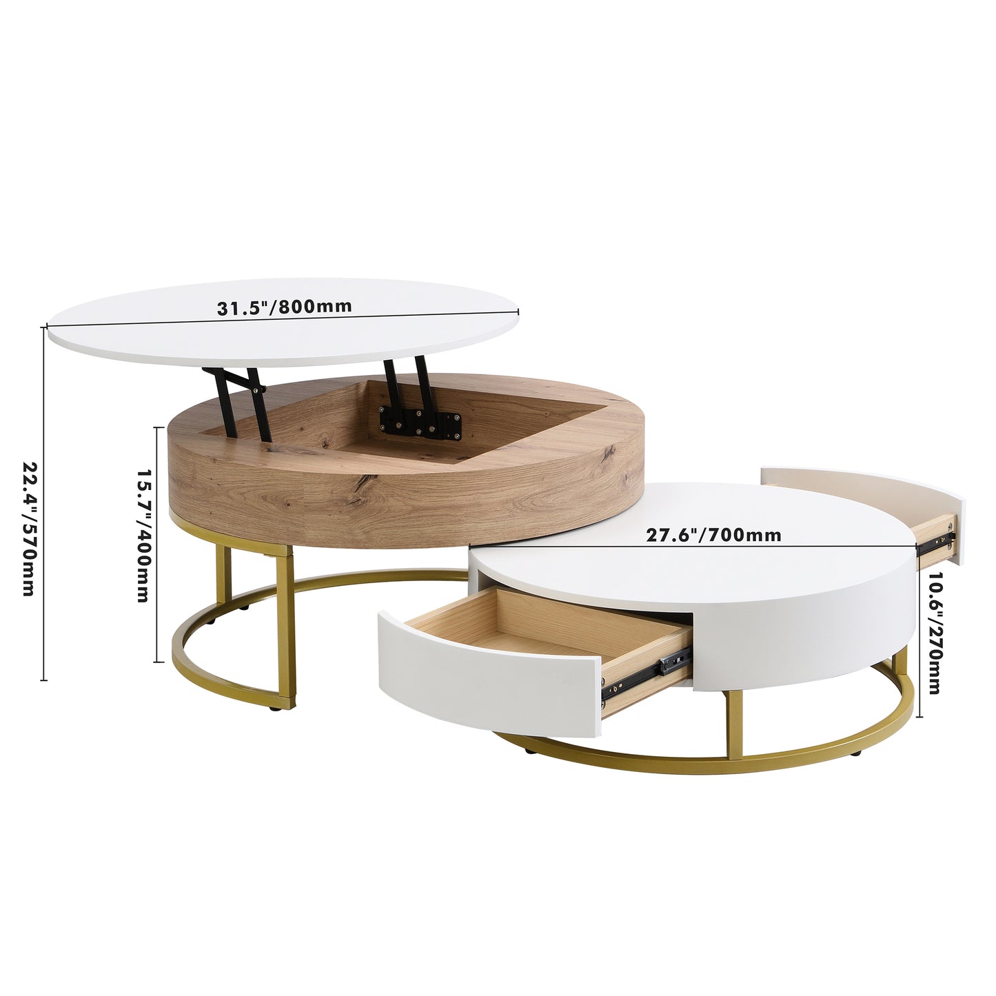 Elegant Lift-Top Coffee Tables Set with Drawers - White & Natural