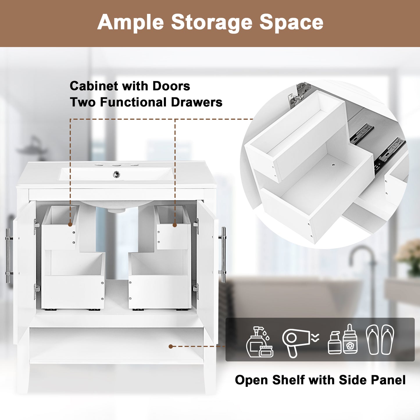 30" Bathroom Vanity with Sink, Multi-functional Bathroom Cabinet with Doors and Drawers, Solid Frame and MDF Board, White