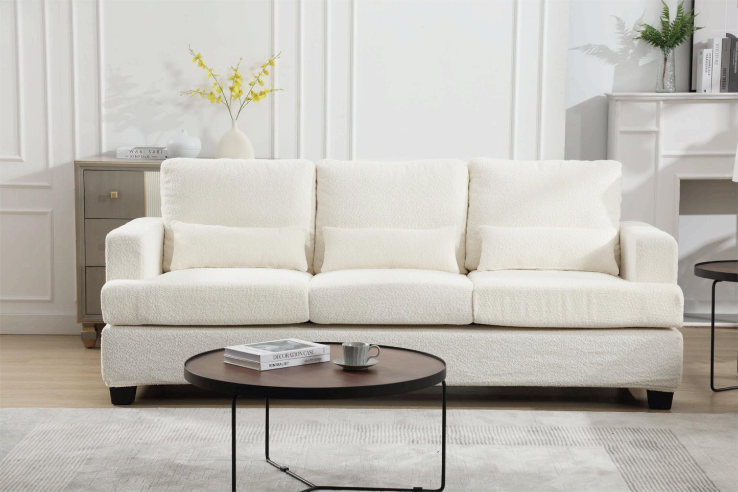 Elegant 3-Seater Modern White & Gray Sofa with Square Armrests and Removable Cushions