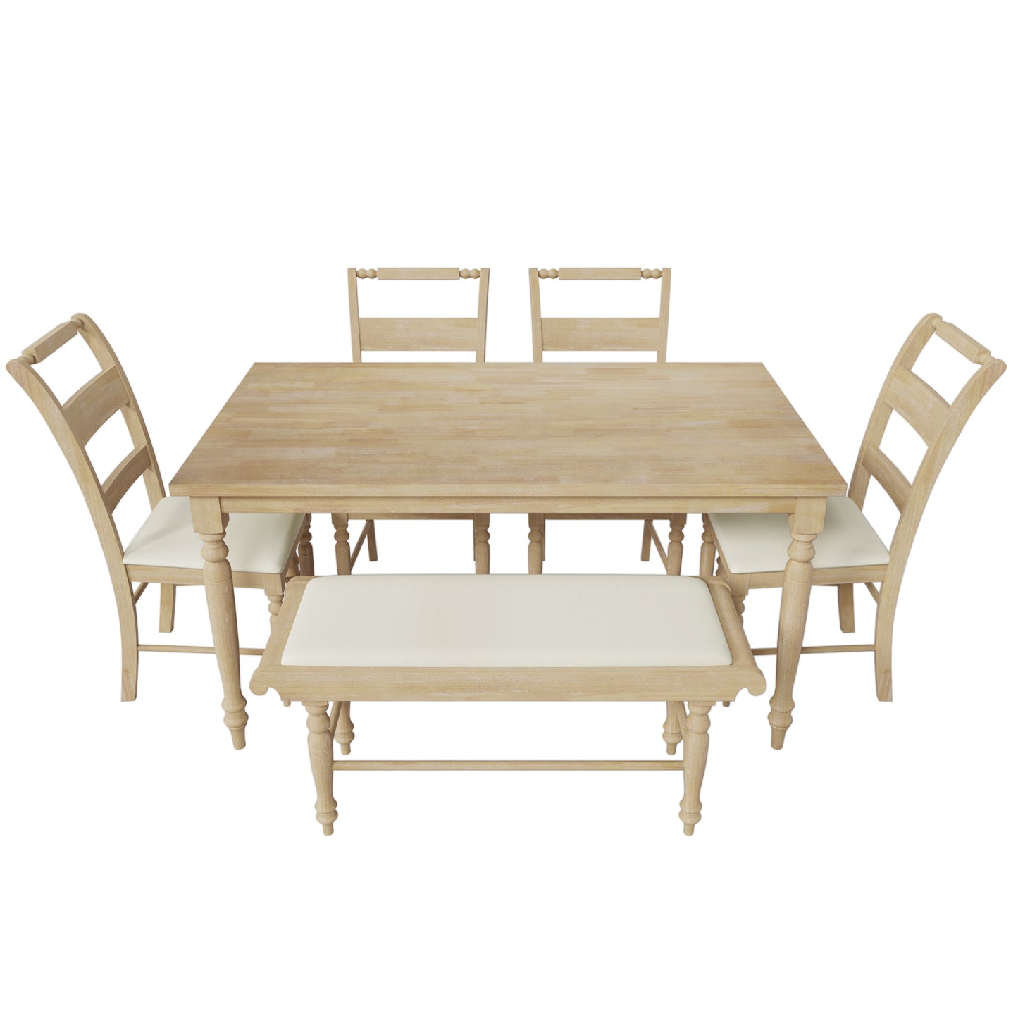 6-peice Dining Set with Turned Legs, Kitchen Table Set with Upholstered Dining Chairs and Bench,Retro Style, Natural