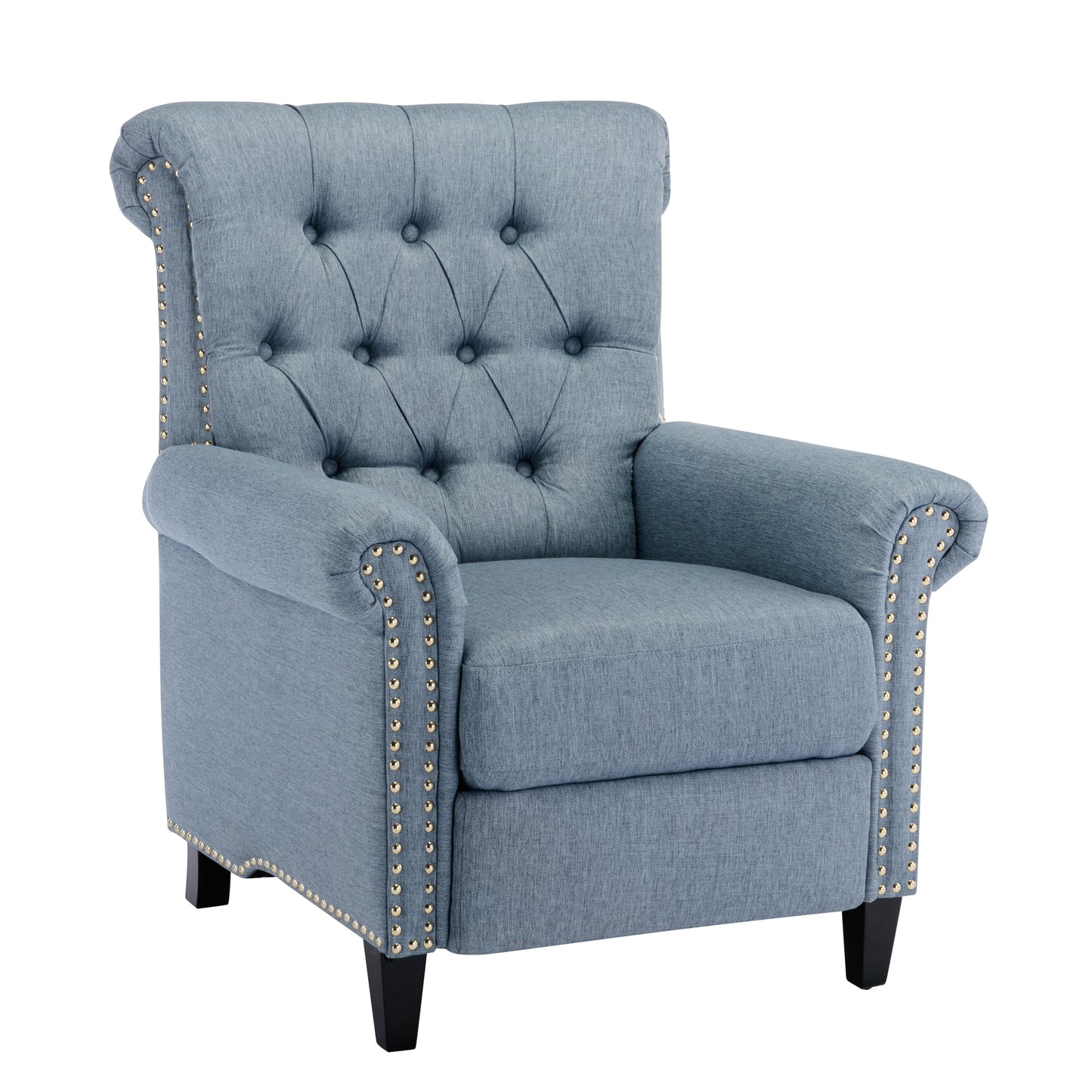 Luxurious Blue Linen Recliner with Pushback Function and Nailhead Trim