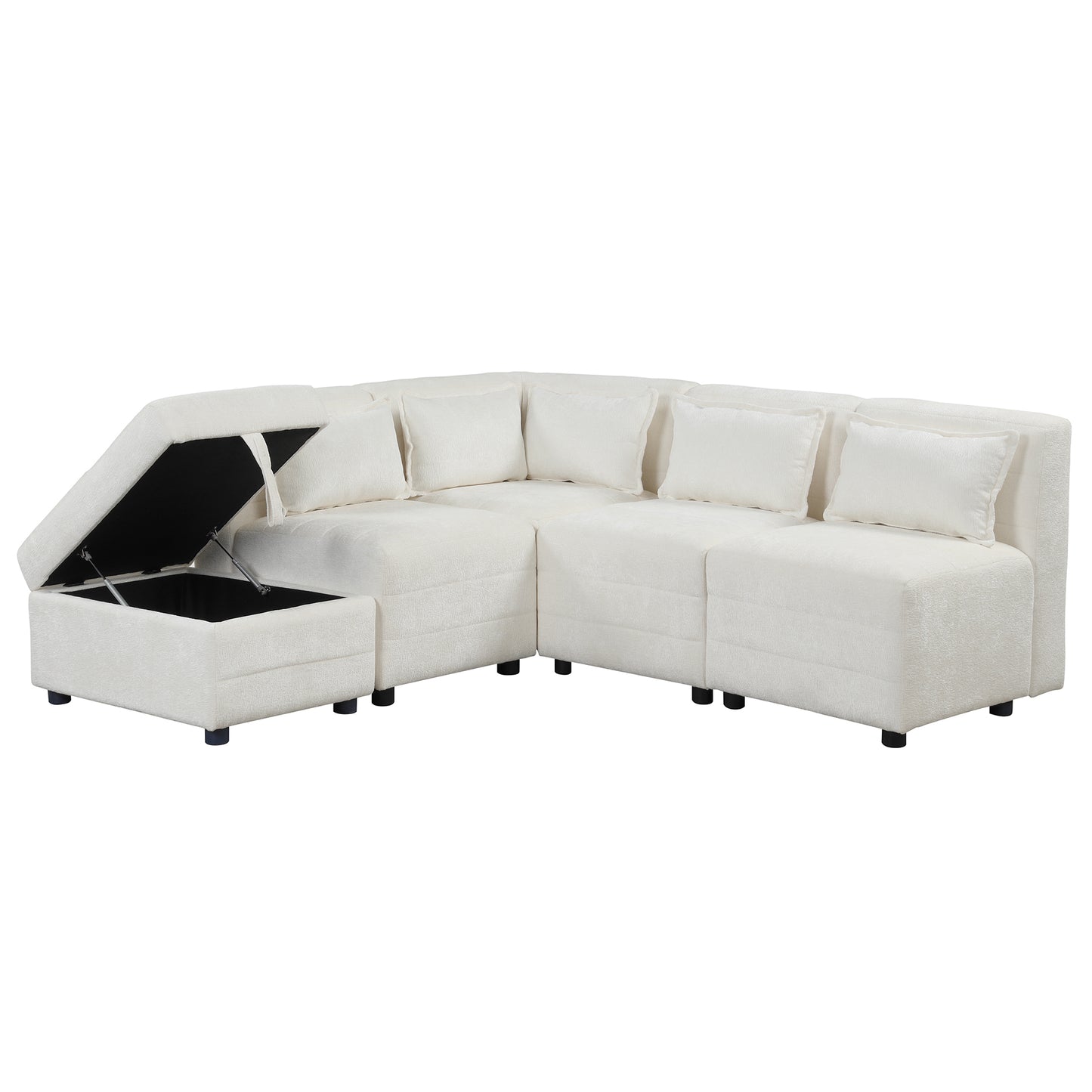 Cream 5-Seater Modular Sectional Sofa with Storage Ottoman and 5 Pillows