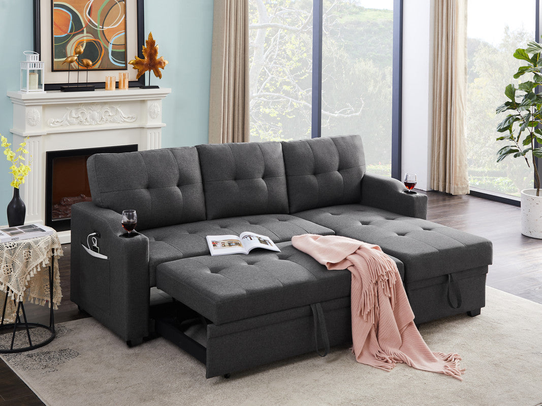 Mabel Dark Grey Linen Fabric Sleeper Sectional with Cupholder, USB Charging Port, and Storage Pocket