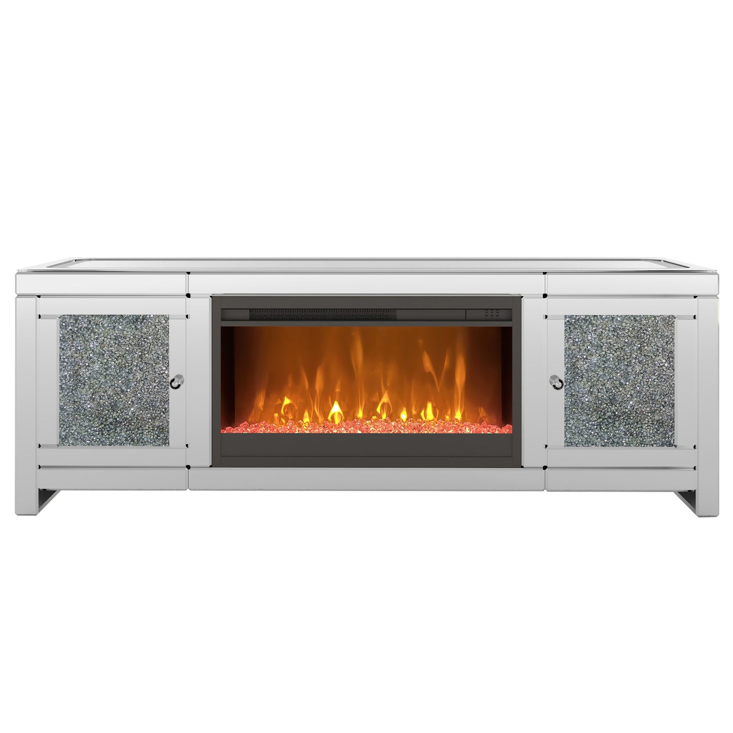 Luxury Mirrored TV Stand with Electric Fireplace and Crystal Decor Doors