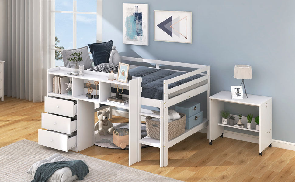 Full Size Low Loft Bed with Rolling Portable Desk, Drawers and Shelves, White(: GX000711AAK)