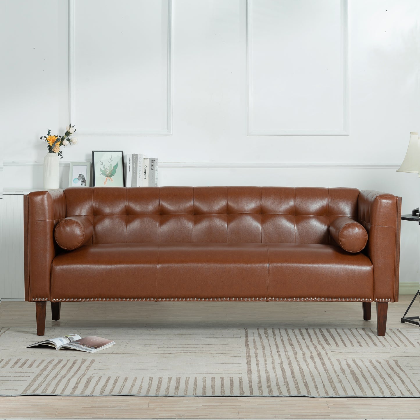 78.74 Brown Leather 3-Seater Sofa with Round Pillows