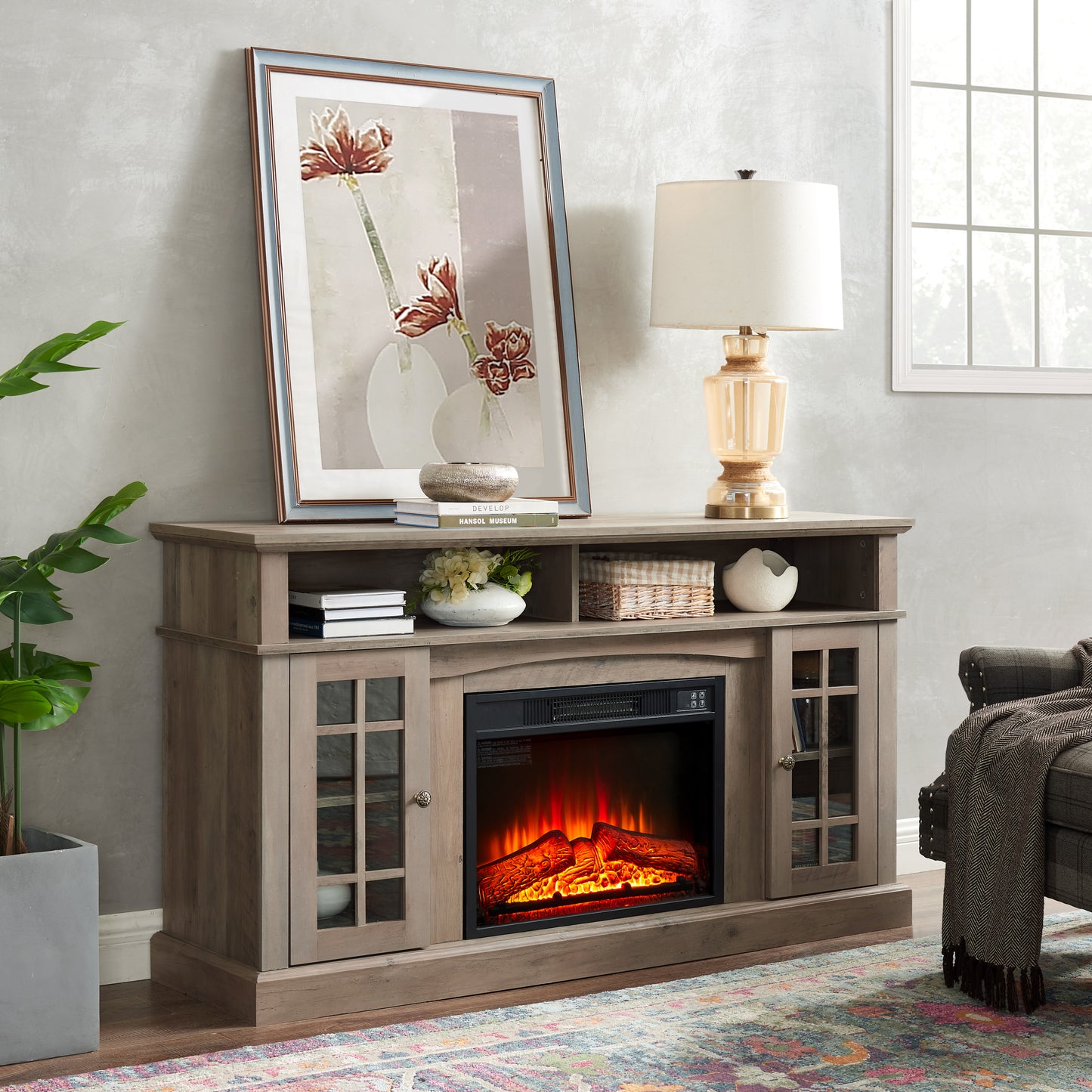 Elegant Gray Wash TV Stand with Fireplace Insert for TVs Up to 65 and Ample Storage Space