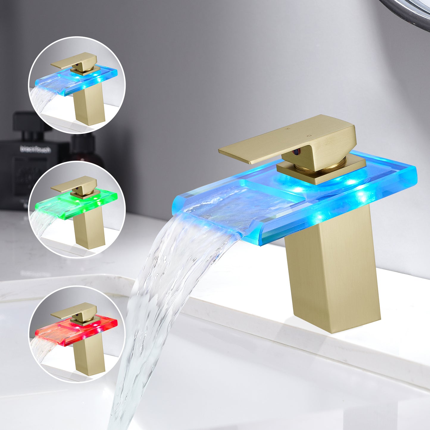 LED Light 3 Colors Changing Waterfall Glass Spout Bathroom Faucet