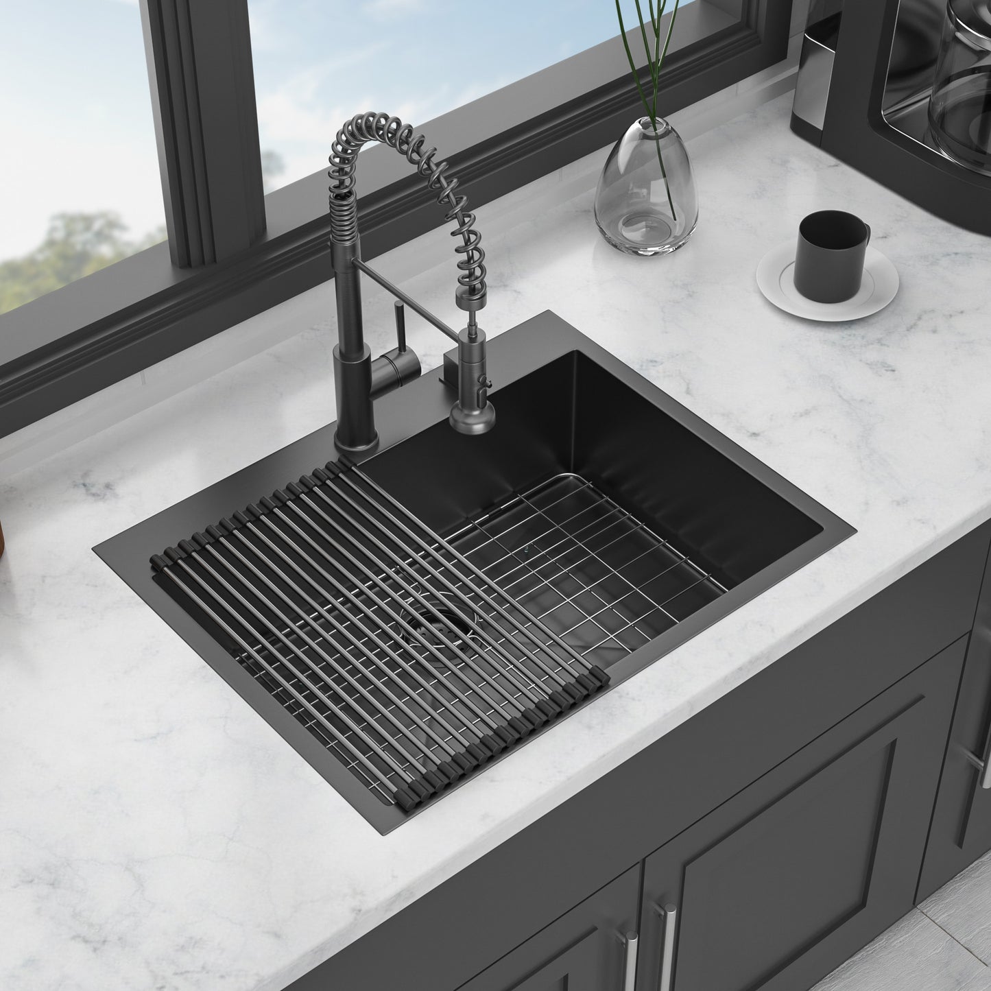 Gunmetal Black Stainless Steel Kitchen Sink with Premium Accessories, 28x22 Inch Single Bowl Drop-in Sink