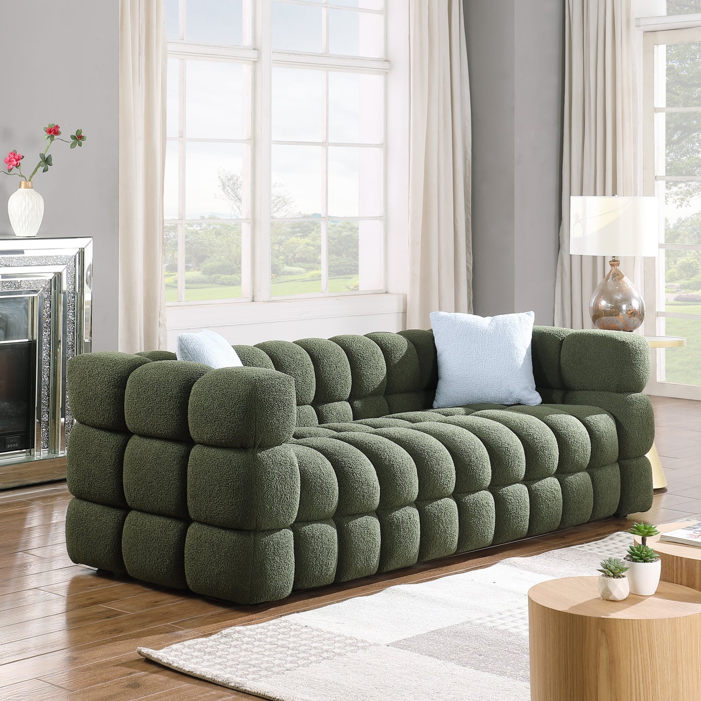 Olive Green Boucle 3-Seater Sofa with Plush Multi-Density Foam