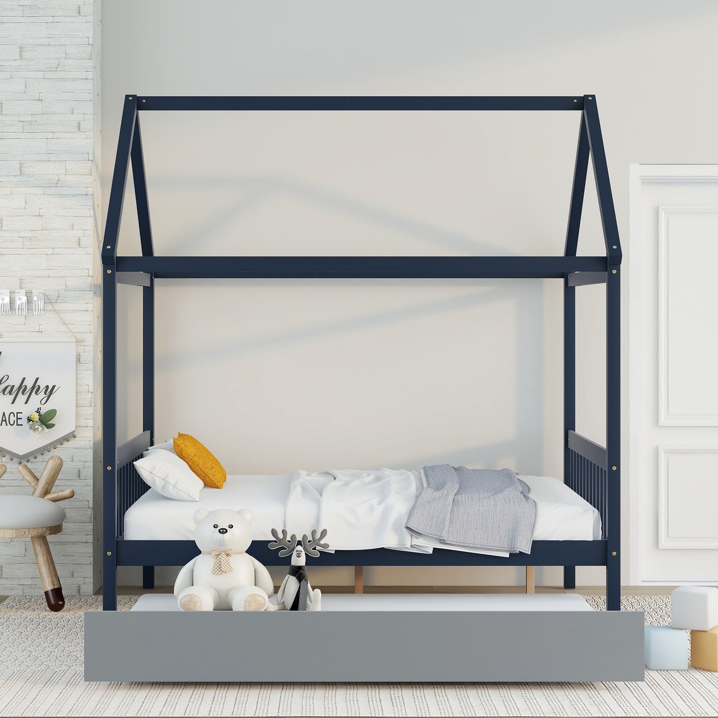 NAVY BLUE HOUSE FULL BED WITH TRUNDLE OF GREY COLOR