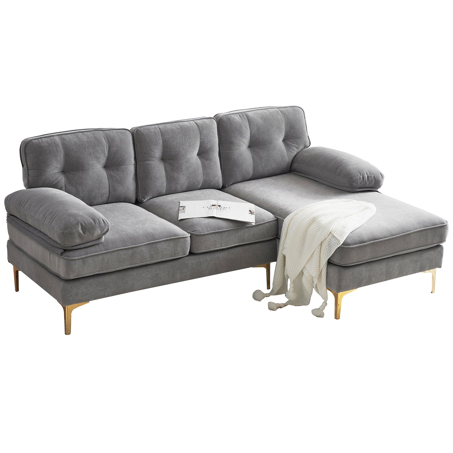 Modern Velvet L-Shaped Sectional Sofa in Light Grey