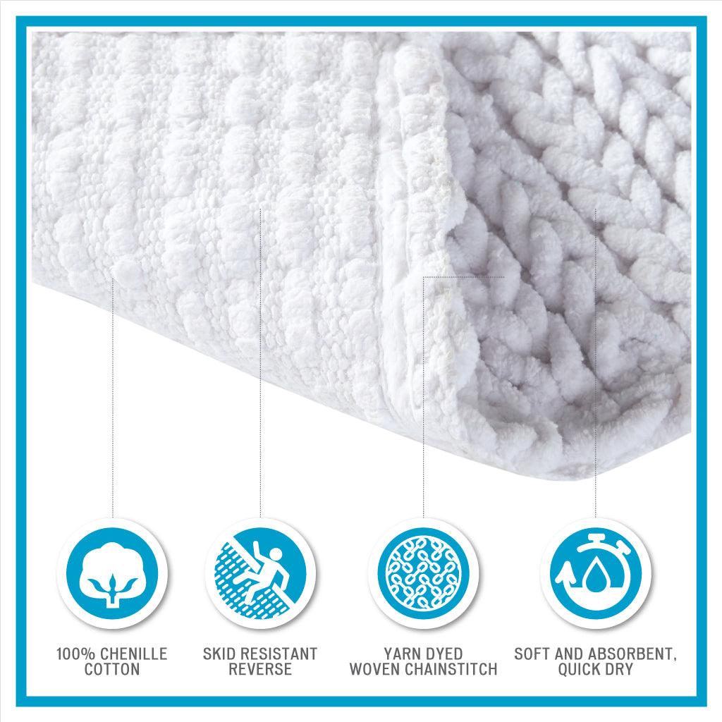 Supple Cotton Chenille Bathroom Rug with Chain Stitch Detail