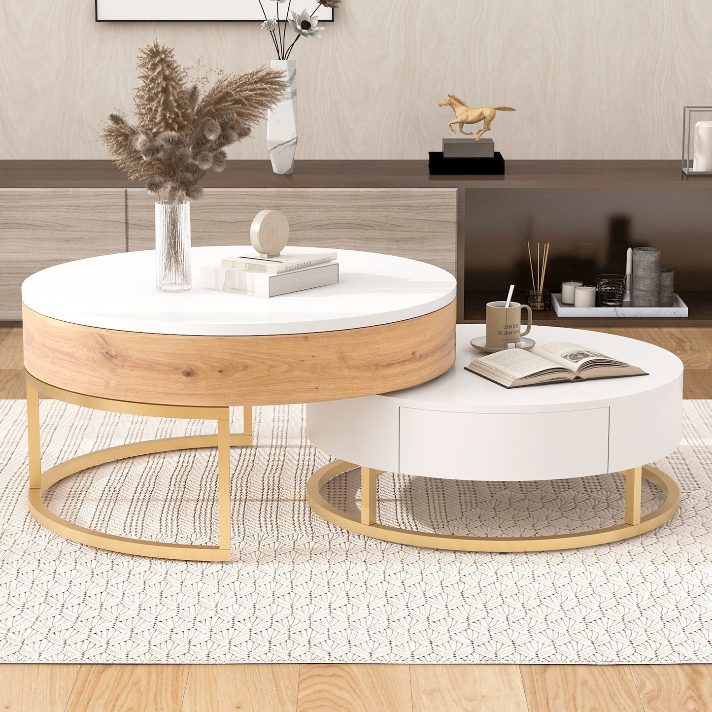 Elegant Lift-Top Coffee Tables Set with Drawers - White & Natural