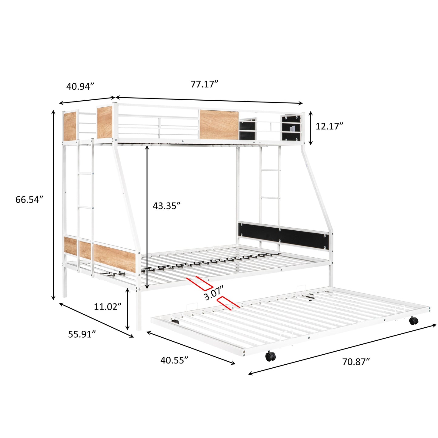 Metal Twin over Full Bunk Bed with Trundle and Safety Features