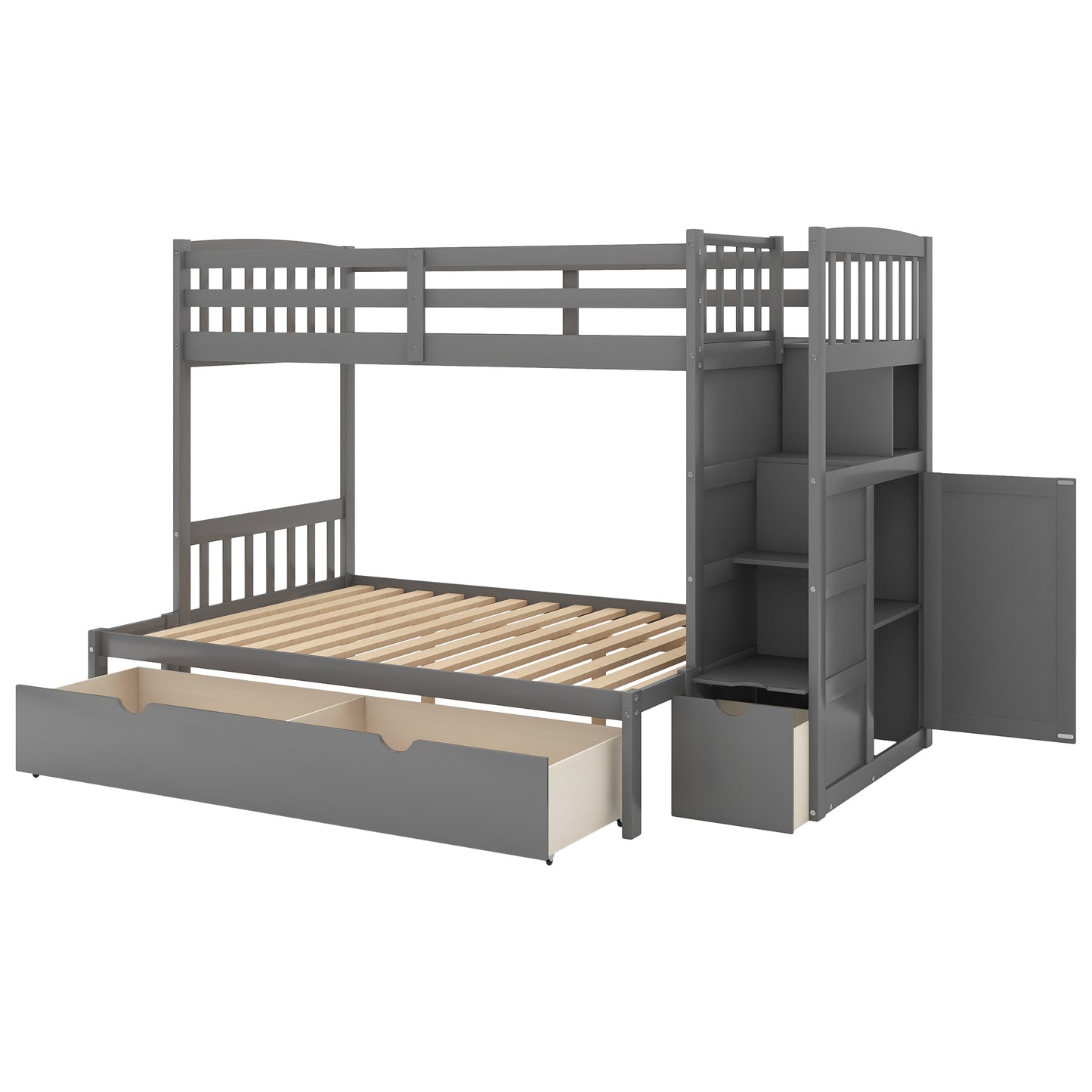 Storage Solution Gray Twin over Full Bunk Bed with Shelves and Drawers