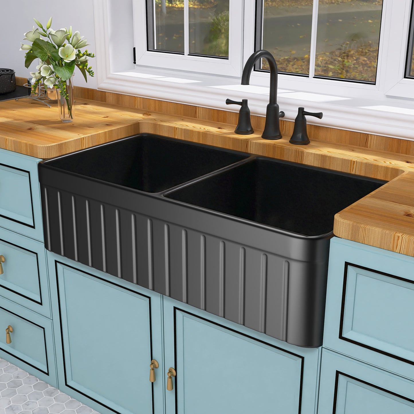 Black Double Bowl Fireclay Farmhouse Kitchen Sink