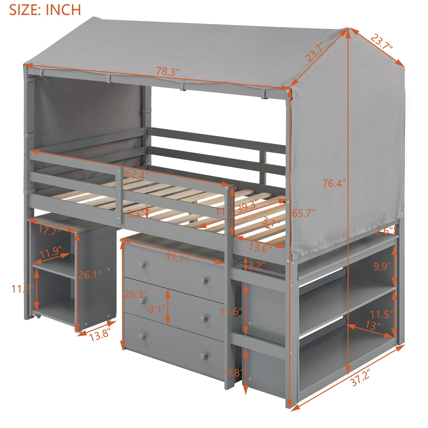 Twin Size Loft Bed with Rolling Cabinet, Shelf and Tent - Gray