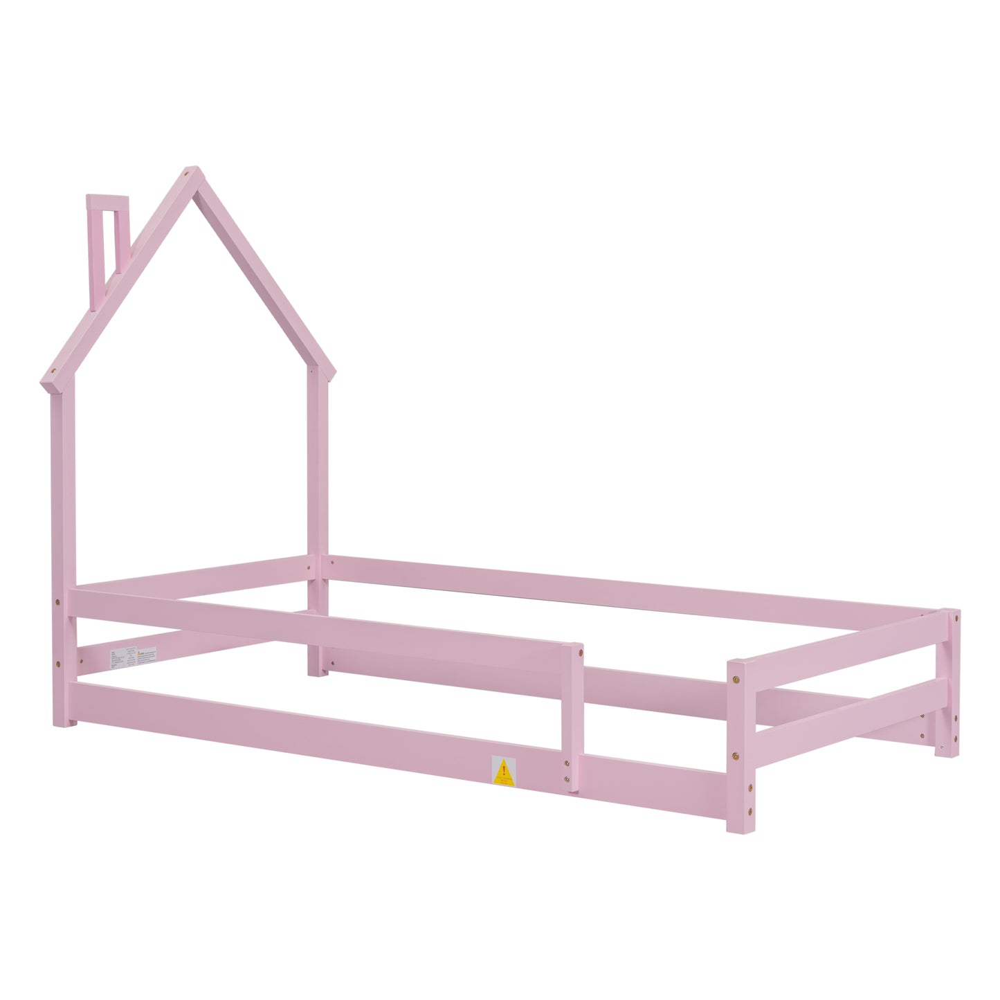 Twin Size Wood bed with House-shaped Headboard Floor bed with Fences,Pink