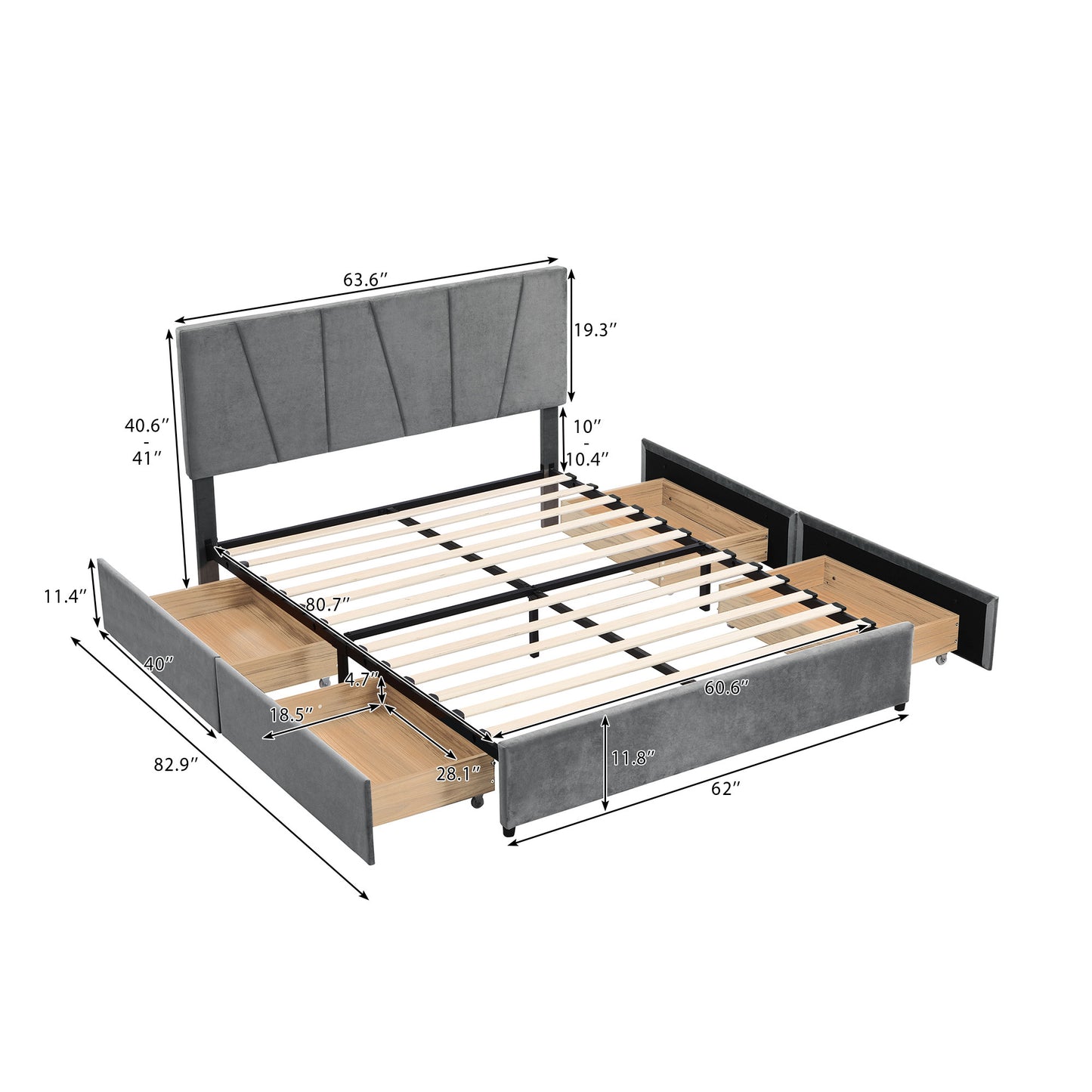 Queen Size Upholstery Platform Bed with Four Drawers on Two Sides, Adjustable Headboard, Grey(: WF291774EAA)