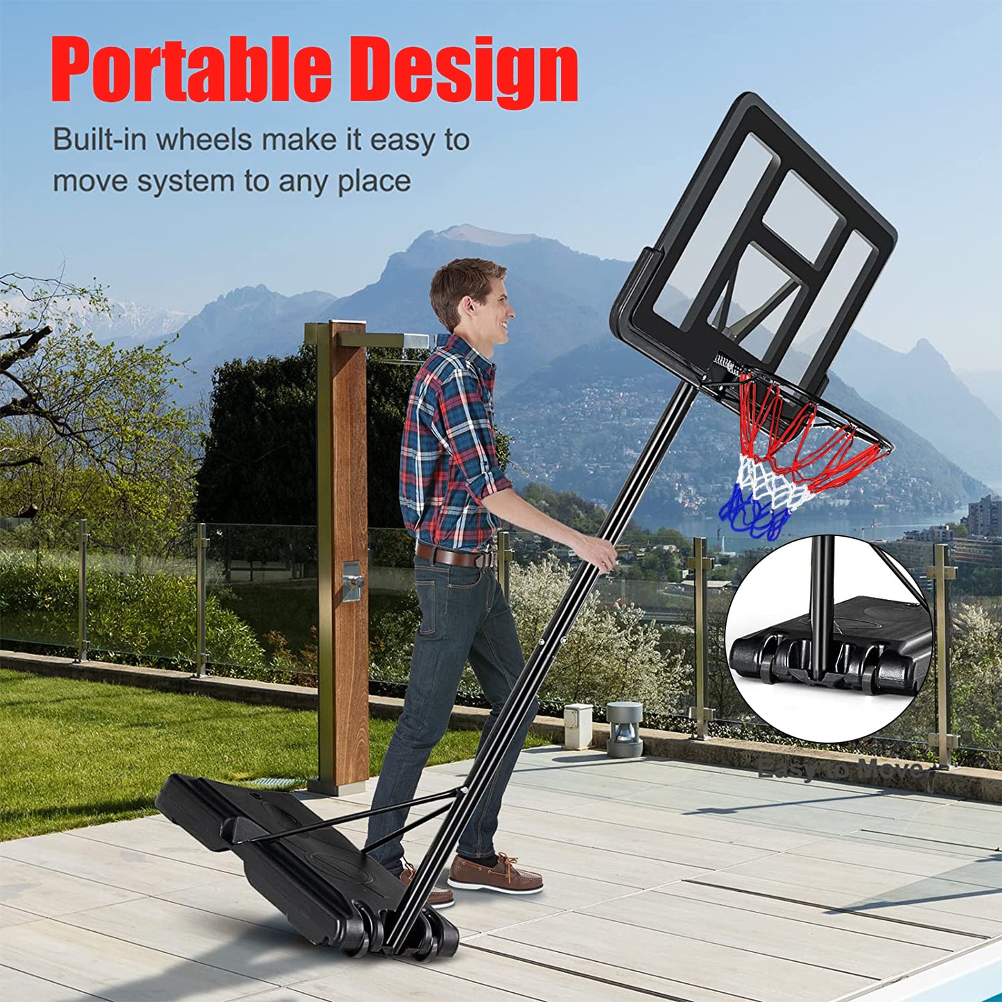 Portable Basketball Hoop Outdoor, 4.25FT-10FT Height Adjustable Basketball Goal, Shatterproof Backboard, Built-in Wheels, Basketball Stand