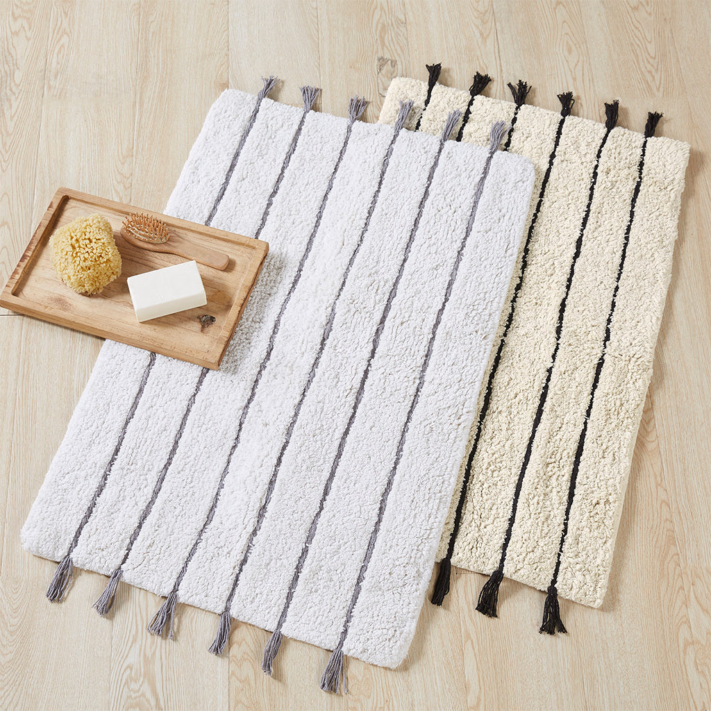 Striped Cotton Bath Mat with Tassel Detail