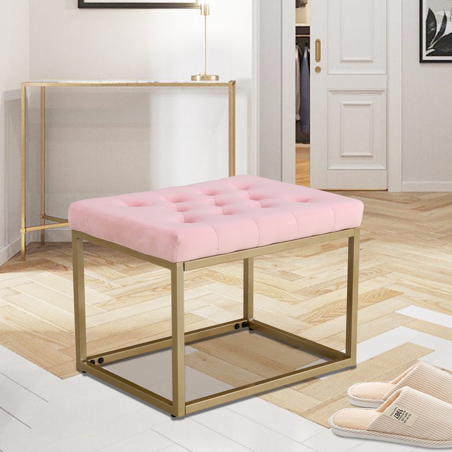 Chair Velvet Shoe Changing Stool, Footstool, Square Cushion Foot Stool, Sofa stool, Rest stool,Low Stool .Step Stool, Small Footrest .Suitable for Clothes Shop,Living Room, Porch,Pink BenchST-001-PI