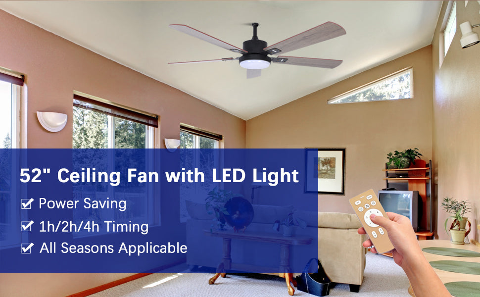 52 Ceiling Fan with Lights and Remote Control, Low Profile Wood Blades LED Listed Ceiling Fan