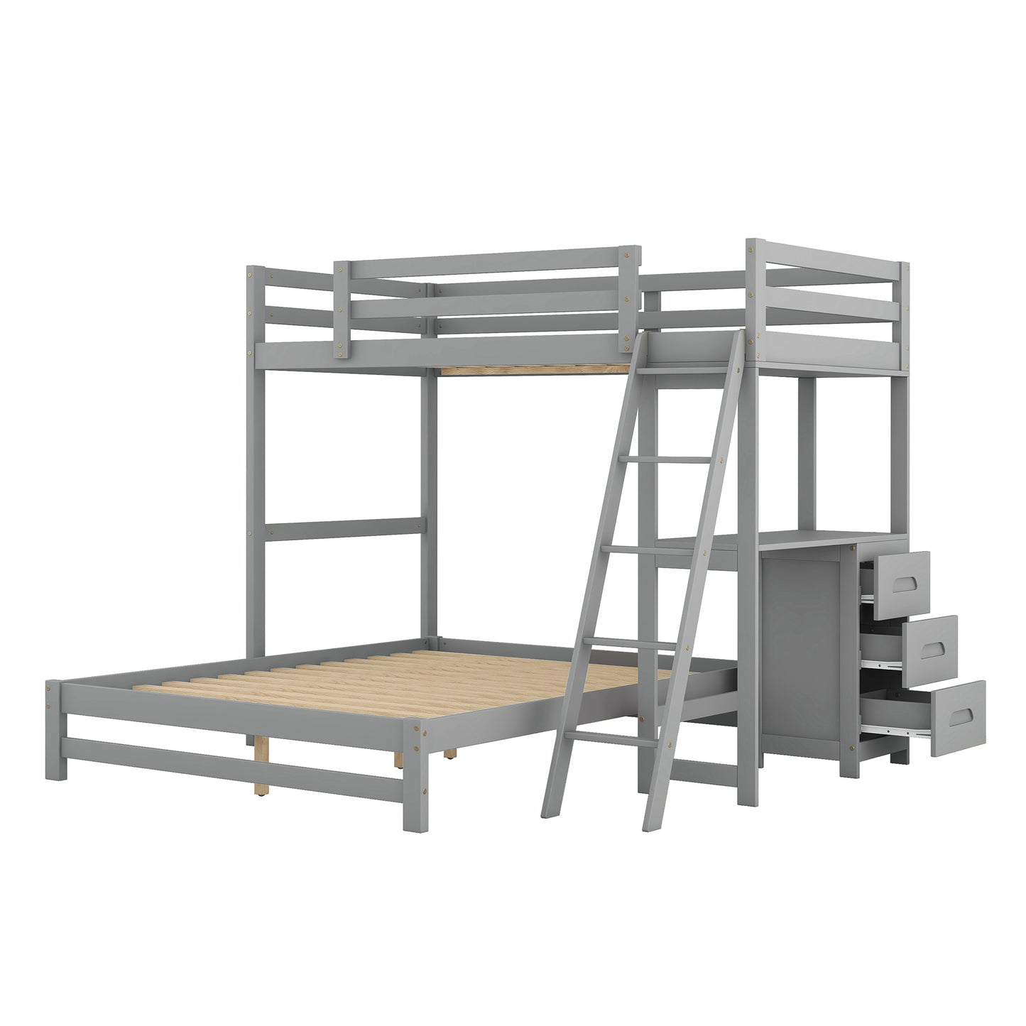 Grey Twin over Full Bunk Bed with Desk and Storage