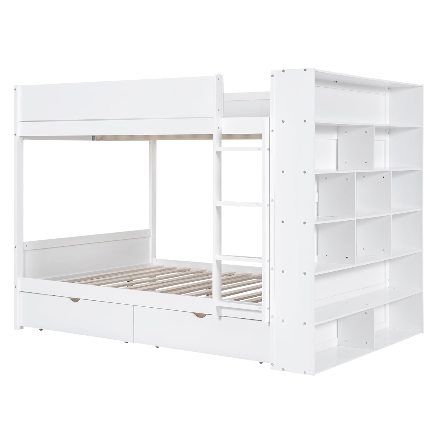 White Full over Full Bunk Bed with Bonus Storage and Multi-layer Cabinet