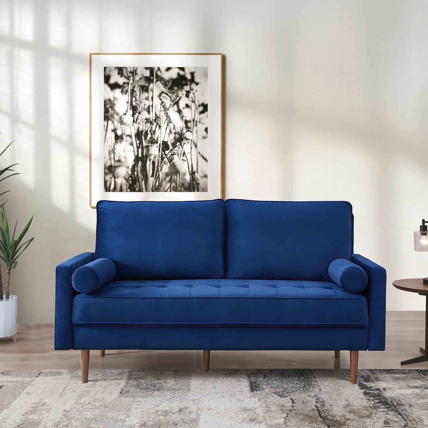 Modern Blue Velvet Loveseat Sofa with Bolster Pillows