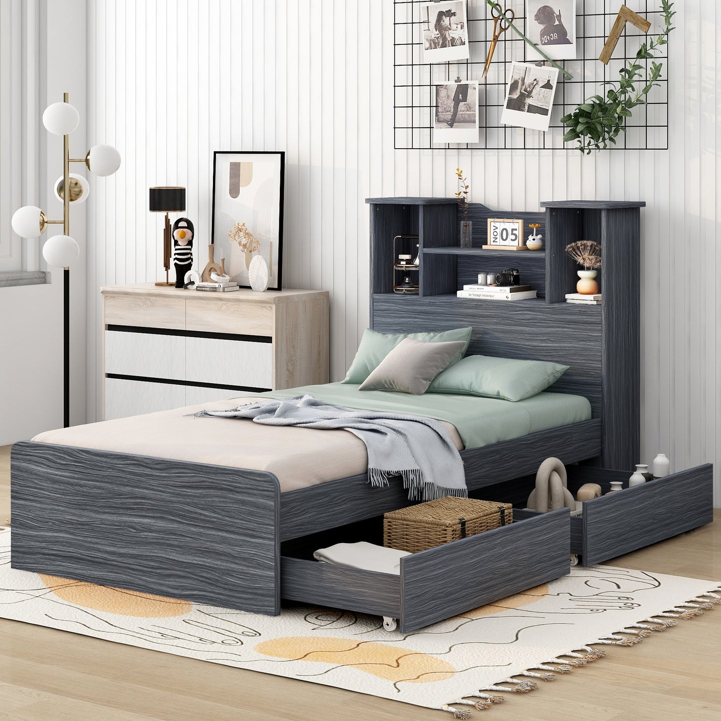 Twin Size Storage Platform Bed Frame with 4 Open Storage Shelves and 2 Storage Drawers,LED Light,Gray