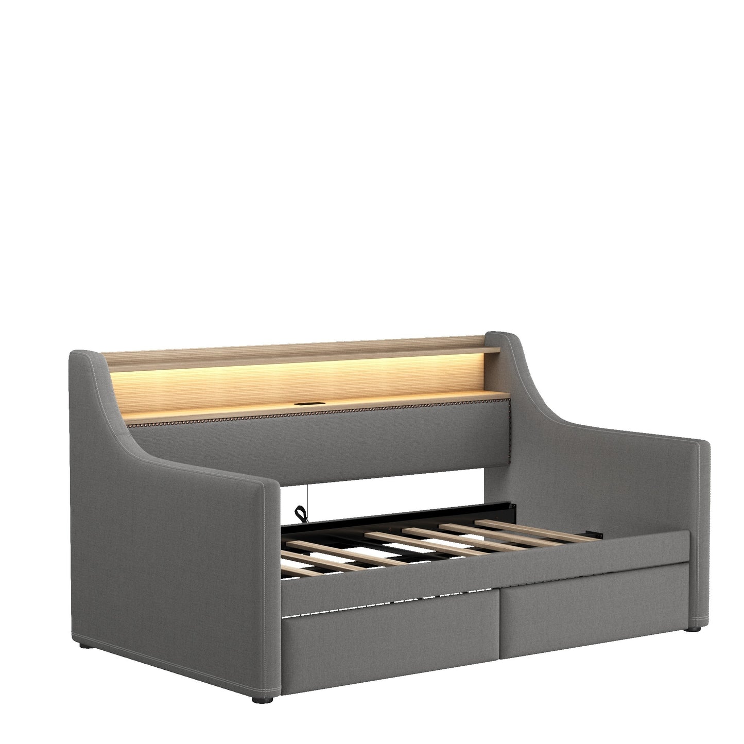 Twin Size Daybed with Storage Drawers, Upholstered Daybed with Charging Station and LED Lights, Gray (Expect arrive date: Jan 18th, 2024)