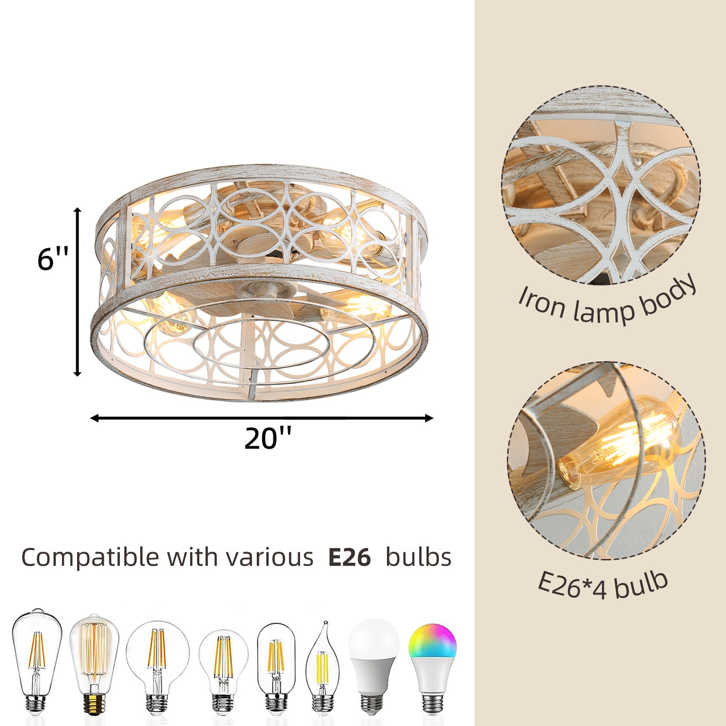 Adjustable Retro White Industrial Ceiling Fan with Caged Design