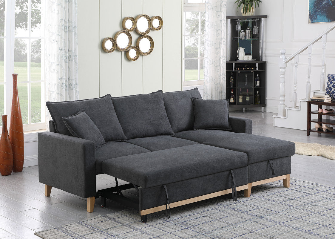 Convertible Dark Grey Upholstered Sleeper Sectional Sofa with Built-In Storage Chaise